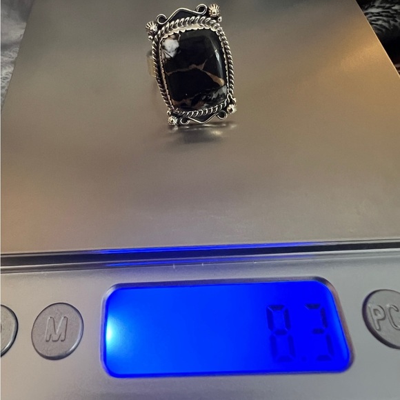 ❤️ Black Stallion Dahlia Turquoise 925 Navajo Style Sz 7 Adjustable Ring 8.3gm - Picture 9 of 12